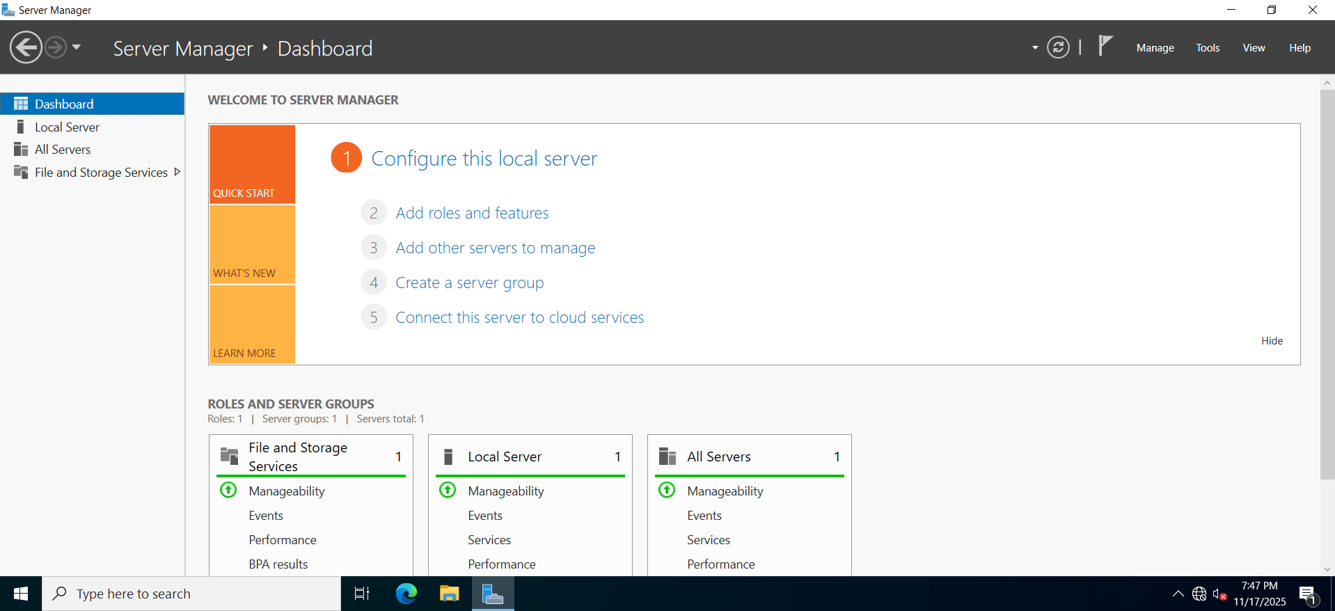 Server Manager Initial Dashboard